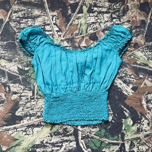 turquoise peasant milkmaid crop top - Picture 3 of 7
